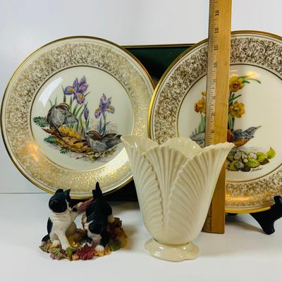 LOT 112: Set of Two (2) Lenox Bird Plates Designed by Edward Marshall Boehm, Lenox Vase and Lenox Cat Figurine