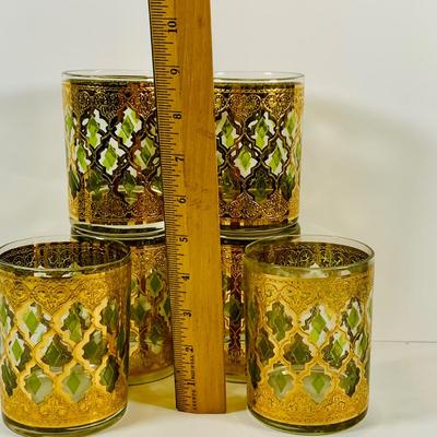 LOT 113: Set of (6) Culver Lowball Glass Tumblers with 22k Gold and Green Valencia Design