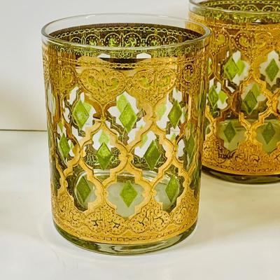 LOT 113: Set of (6) Culver Lowball Glass Tumblers with 22k Gold and Green Valencia Design