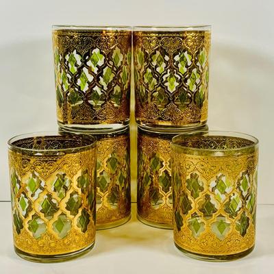 LOT 113: Set of (6) Culver Lowball Glass Tumblers with 22k Gold and Green Valencia Design