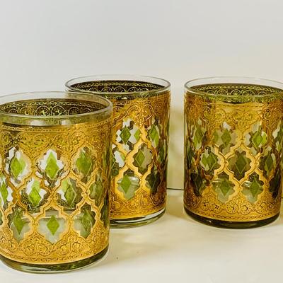 LOT 113: Set of (6) Culver Lowball Glass Tumblers with 22k Gold and Green Valencia Design