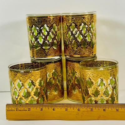 LOT 113: Set of (6) Culver Lowball Glass Tumblers with 22k Gold and Green Valencia Design