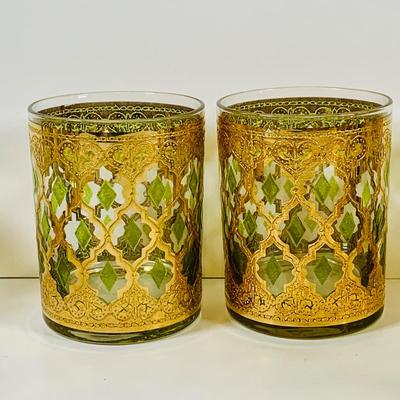LOT 113: Set of (6) Culver Lowball Glass Tumblers with 22k Gold and Green Valencia Design
