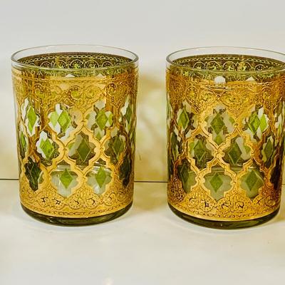 LOT 113: Set of (6) Culver Lowball Glass Tumblers with 22k Gold and Green Valencia Design