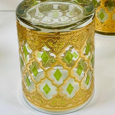 LOT 113: Set of (6) Culver Lowball Glass Tumblers with 22k Gold and Green Valencia Design
