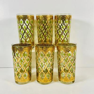 LOT 114: Set of (6) Signed Culvert 22k Gold and Green Valencia High Ball Glasses