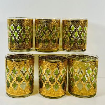 LOT 116: Set of (6) Culver Lowball Glass Tumblers with 22k Gold and Green Valencia Design