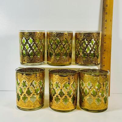 LOT 116: Set of (6) Culver Lowball Glass Tumblers with 22k Gold and Green Valencia Design