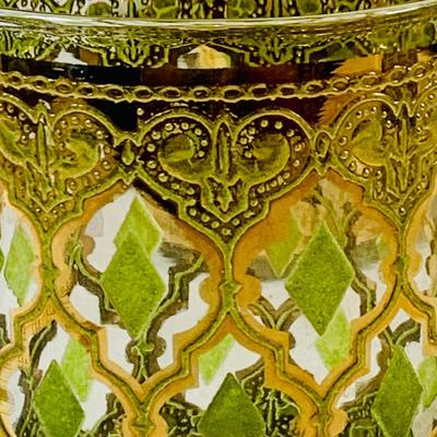 LOT 116: Set of (6) Culver Lowball Glass Tumblers with 22k Gold and Green Valencia Design