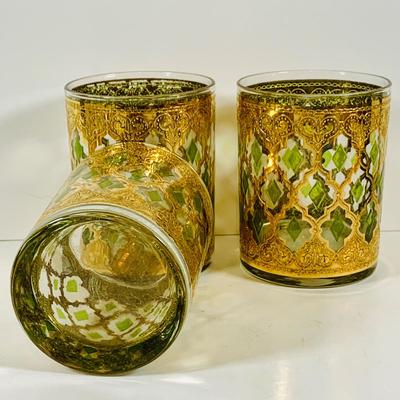 LOT 116: Set of (6) Culver Lowball Glass Tumblers with 22k Gold and Green Valencia Design