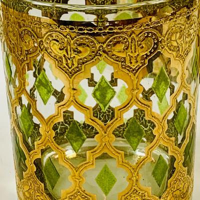 LOT 116: Set of (6) Culver Lowball Glass Tumblers with 22k Gold and Green Valencia Design