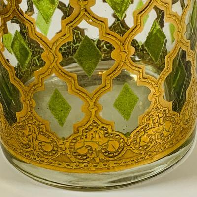 LOT 116: Set of (6) Culver Lowball Glass Tumblers with 22k Gold and Green Valencia Design