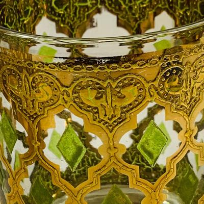 LOT 116: Set of (6) Culver Lowball Glass Tumblers with 22k Gold and Green Valencia Design