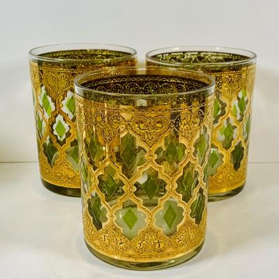 LOT 116: Set of (6) Culver Lowball Glass Tumblers with 22k Gold and Green Valencia Design