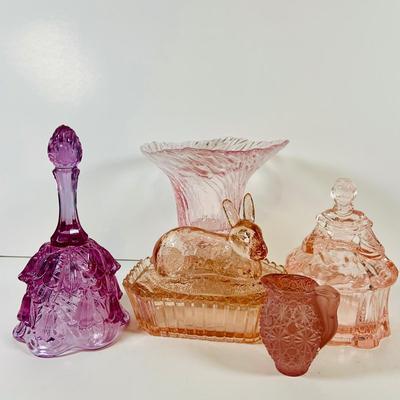 LOT 117: Collection Of Colored Art Glass Pieces Including Fenton Temple Bell, Rabbit on a Nest, Moser Pink Power Jar and More