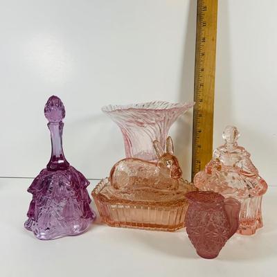 LOT 117: Collection Of Colored Art Glass Pieces Including Fenton Temple Bell, Rabbit on a Nest, Moser Pink Power Jar and More