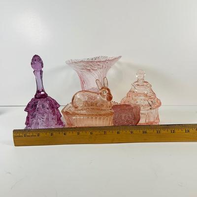 LOT 117: Collection Of Colored Art Glass Pieces Including Fenton Temple Bell, Rabbit on a Nest, Moser Pink Power Jar and More