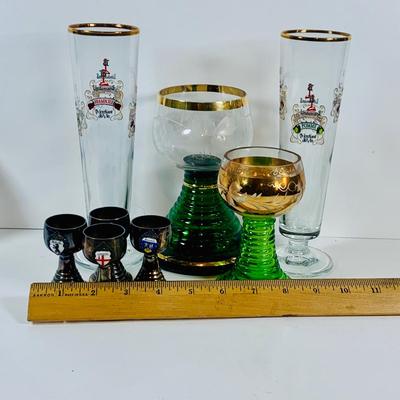 LOT 123: Collection of Vintage Glasses Including a Music Box Chalice and Metal Goblet Shot/Cordial Glasses