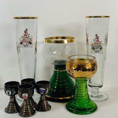 LOT 123: Collection of Vintage Glasses Including a Music Box Chalice and Metal Goblet Shot/Cordial Glasses