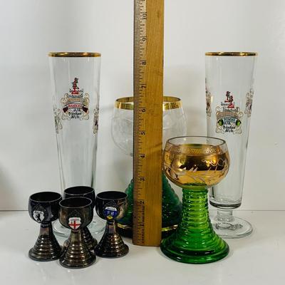 LOT 123: Collection of Vintage Glasses Including a Music Box Chalice and Metal Goblet Shot/Cordial Glasses