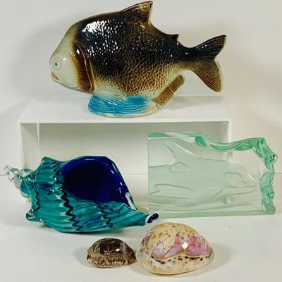 LOT 124: Something Fishy Aquatic Inspired Collection Including a Ceramic Fish Made In Brazil, Art Glass Shell, Two (2) Etched Sea Shells...