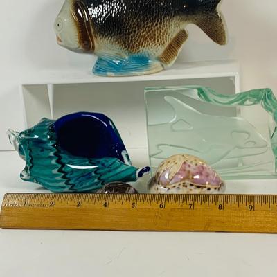 LOT 124: Something Fishy Aquatic Inspired Collection Including a Ceramic Fish Made In Brazil, Art Glass Shell, Two (2) Etched Sea Shells...