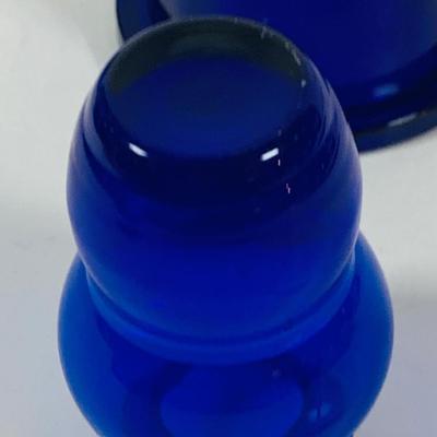 LOT 128: Cobalt Blue Glass Collection Induing a Mushroom Pitcher, Vases and Jar