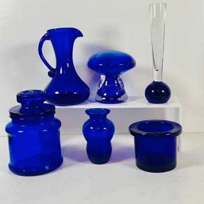 LOT 128: Cobalt Blue Glass Collection Induing a Mushroom Pitcher, Vases and Jar