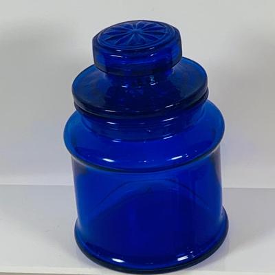 LOT 128: Cobalt Blue Glass Collection Induing a Mushroom Pitcher, Vases and Jar