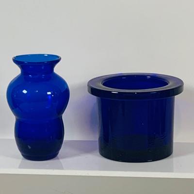LOT 128: Cobalt Blue Glass Collection Induing a Mushroom Pitcher, Vases and Jar