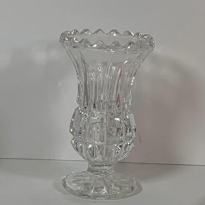 LOT 130: Westmoreland Glass Vanity Set with Tray Includes Two (2) Perfume Bottles and a Power Jar and a Crystal Vase
