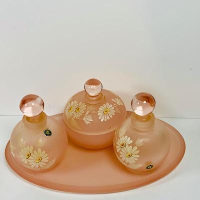 LOT 130: Westmoreland Glass Vanity Set with Tray Includes Two (2) Perfume Bottles and a Power Jar and a Crystal Vase