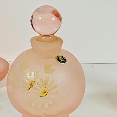 LOT 130: Westmoreland Glass Vanity Set with Tray Includes Two (2) Perfume Bottles and a Power Jar and a Crystal Vase