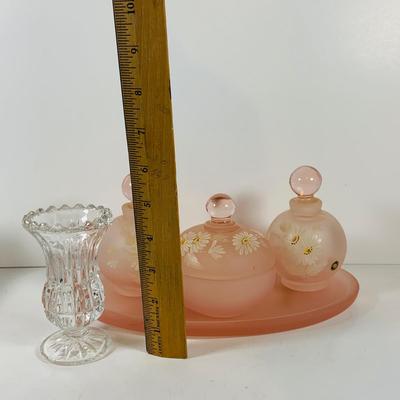 LOT 130: Westmoreland Glass Vanity Set with Tray Includes Two (2) Perfume Bottles and a Power Jar and a Crystal Vase