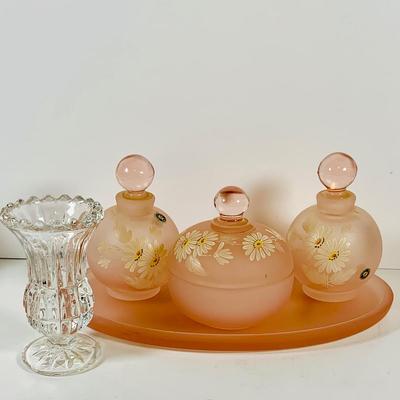 LOT 130: Westmoreland Glass Vanity Set with Tray Includes Two (2) Perfume Bottles and a Power Jar and a Crystal Vase
