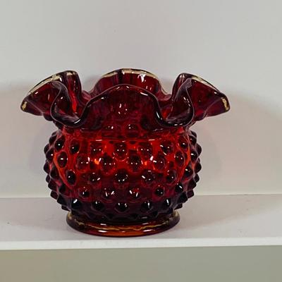 LOT 131: Fenton Hobnail Green Vaseline Uranium Glass and Red Vases