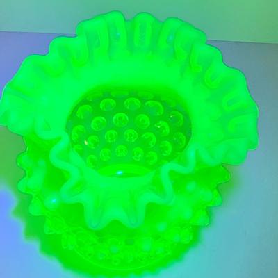 LOT 131: Fenton Hobnail Green Vaseline Uranium Glass and Red Vases