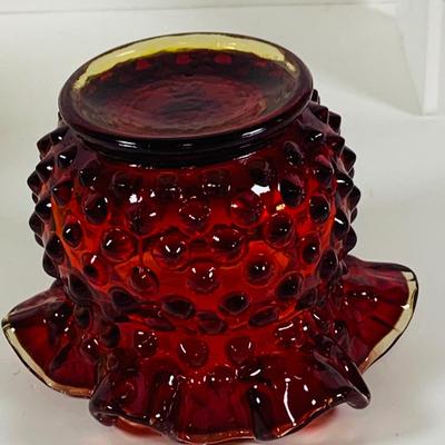 LOT 131: Fenton Hobnail Green Vaseline Uranium Glass and Red Vases