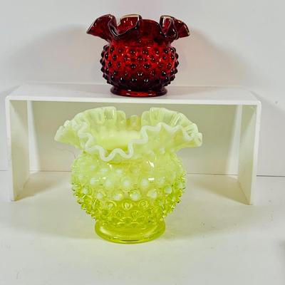 LOT 131: Fenton Hobnail Green Vaseline Uranium Glass and Red Vases