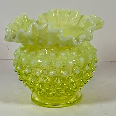 LOT 131: Fenton Hobnail Green Vaseline Uranium Glass and Red Vases