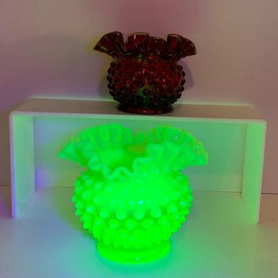 LOT 131: Fenton Hobnail Green Vaseline Uranium Glass and Red Vases