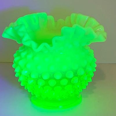 LOT 131: Fenton Hobnail Green Vaseline Uranium Glass and Red Vases