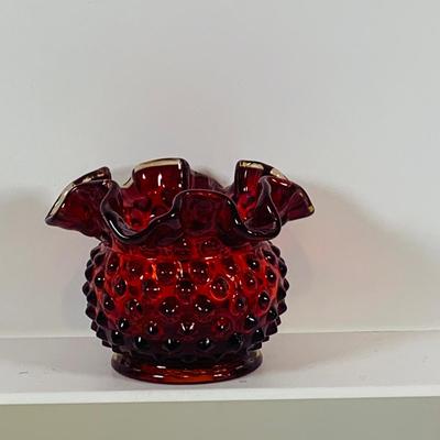 LOT 131: Fenton Hobnail Green Vaseline Uranium Glass and Red Vases
