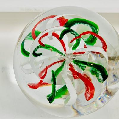 LOT 134: Set of Three (3) Art Glass Paperweights - Red and Green Apple, a Pear and Egg
