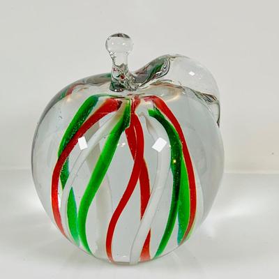 LOT 134: Set of Three (3) Art Glass Paperweights - Red and Green Apple, a Pear and Egg