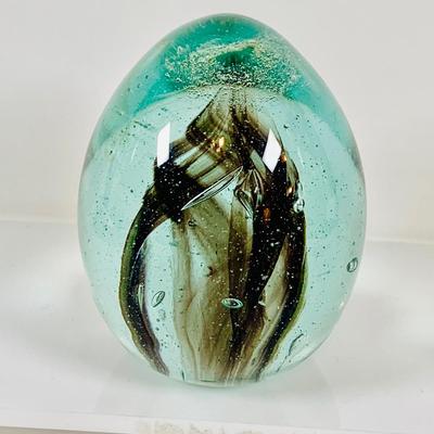 LOT 134: Set of Three (3) Art Glass Paperweights - Red and Green Apple, a Pear and Egg