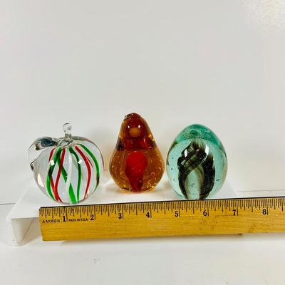 LOT 134: Set of Three (3) Art Glass Paperweights - Red and Green Apple, a Pear and Egg