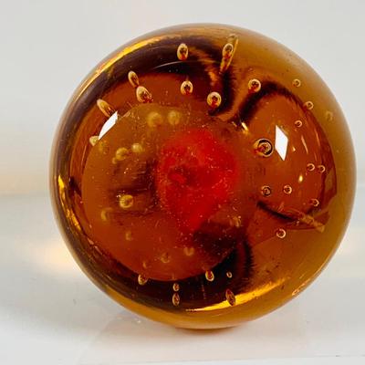 LOT 134: Set of Three (3) Art Glass Paperweights - Red and Green Apple, a Pear and Egg