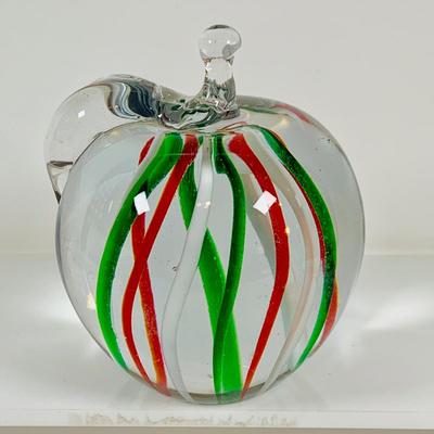 LOT 134: Set of Three (3) Art Glass Paperweights - Red and Green Apple, a Pear and Egg