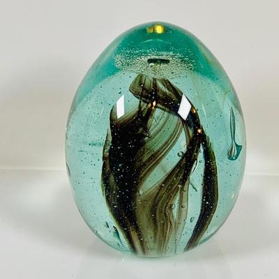 LOT 134: Set of Three (3) Art Glass Paperweights - Red and Green Apple, a Pear and Egg